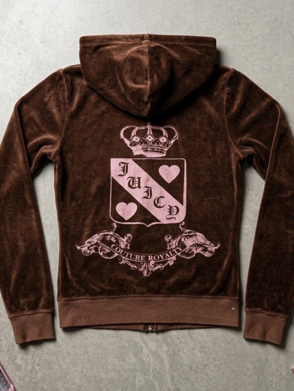 Juicy Couture Velour Zip Up Hoodie S Brown Pink Royalty Y2K McBling Tracksuit